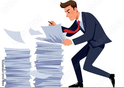 Man in Suit Overwhelmed by Paperwork Load
