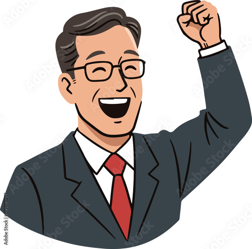 Excited Businessman in Dark Suit Red Tie Celebrates Victory with Fist Pump