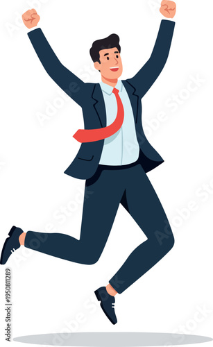Excited Businessman Jumps in Joy Wearing a Dark Suit and Red Tie