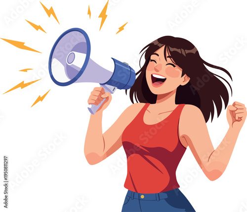 Excited Woman Shouting Announcement Through Megaphone Flat Design Isolated