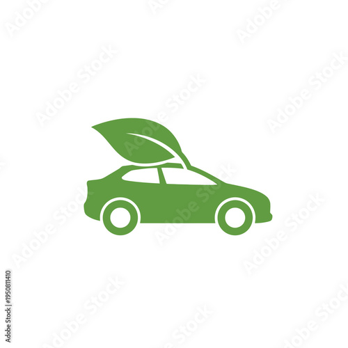 A vibrant green car icon with a stylized leaf integrated into its design, symbolizing ecological transportation, sustainable mobility, and environmentally conscious automotive solutions