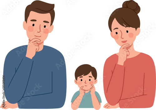 Family Pondering With Hands On Chin Blue And Coral Outfits