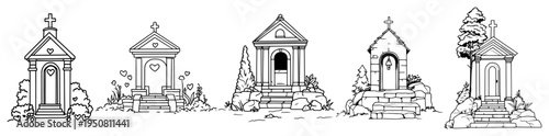 Small romantic chapels and shrines line art set, cemetery architecture icons and mausoleums hand drawn sketch