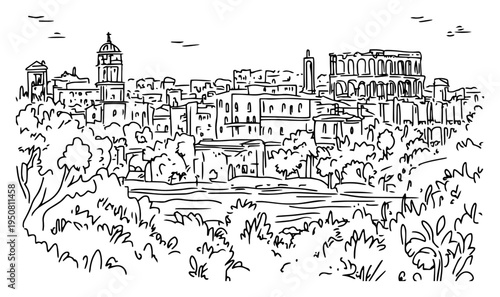 European city skyline sketch with historic architecture and amphitheater, Rome Italy landscape panorama line art vector