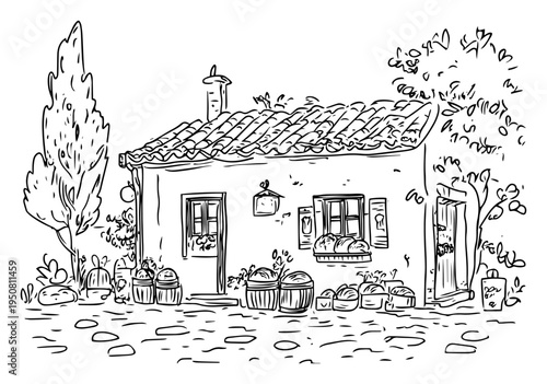 Rustic Mediterranean cottage hand drawn sketch, cozy farmhouse in Tuscany with garden and cypress tree line art