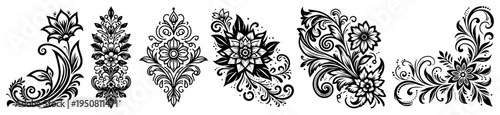 Floral ornamental dividers and corner elements set, elegant flower swirl motifs for wedding invitations and borders