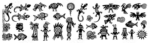 Tribal ethnic symbols and folk art characters set, ancient indigenous petroglyphs and animal silhouettes vector icons