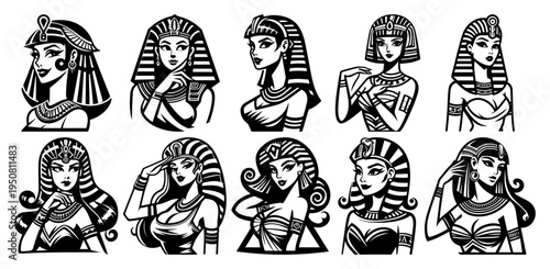 Ancient Egyptian queen and Cleopatra portraits set, beautiful goddess avatars and pharaoh icons vector illustration