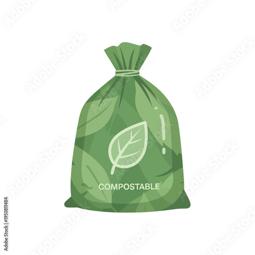 A compostable bag with green leaf patterns, symbolizing eco-friendly waste disposal and organic recycling. This bag is designed for environmental protection and sustainability