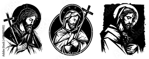 Jesus Christ portraits with holy cross, religious Christian savior messiah illustrations in ink sketch style