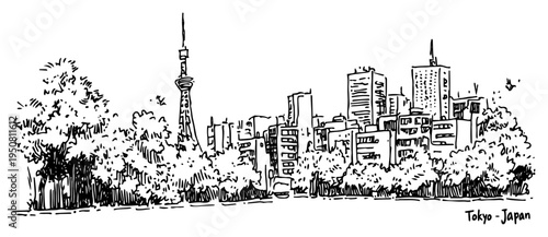 Tokyo Japan skyline sketch with Tokyo Tower and skyscrapers, urban cityscape panorama with trees hand drawn line art vector illustration