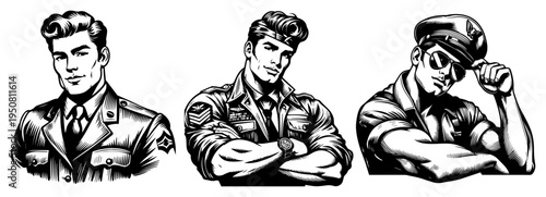 Handsome men in military and pilot uniforms portraits set, masculine male characters in retro comic book style vector illustrations