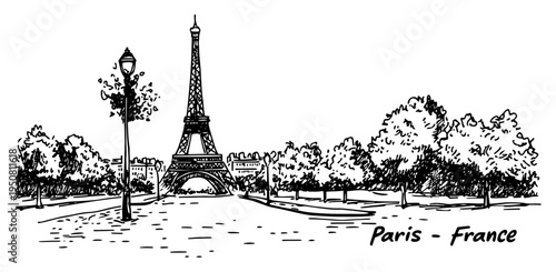 Paris France city skyline sketch with Eiffel Tower, romantic landscape with trees and park line art vector illustration