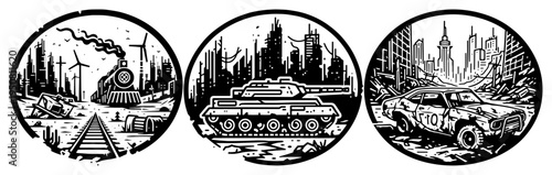 Post-apocalyptic war scenes set in circles, tank in ruined city and locomotive in wasteland woodcut style vector