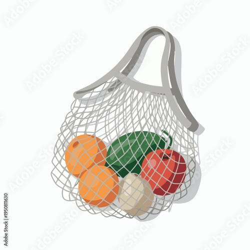Mesh Bag Filled With Fresh Fruits Oranges Apples Watermelon Isolated Object Flat Design
