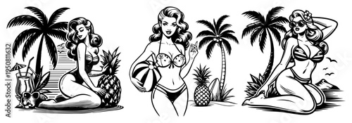 Sexy pin up girls on tropical beach set, summer vacation women in bikinis with palm trees and pineapple retro woodcut