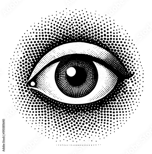 Mystical human eye in halftone dot circle, abstract vision or all-seeing eye icon for esoteric and secret society design vector