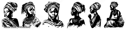African women portraits with traditional headwraps and jewelry set, ethnic black woman silhouettes in woodcut style vector