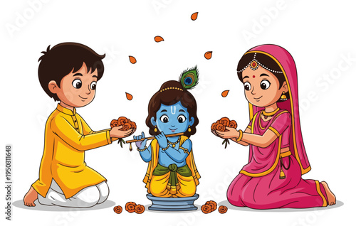 Cute cartoon Indian children celebrating Janmashtami with baby Lord Krishna, kids in traditional clothing worshipping with flowers vector illustration