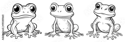 Cute frogs coloring book characters set, little toad sketches with big eyes for kids vector line art