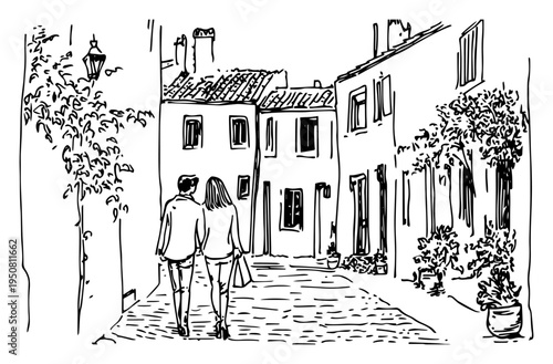 Romantic couple walking in narrow European street sketch, old town architecture with historic buildings line art