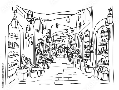 Covered market bazaar with arched ceiling sketch, oriental street market interior with stalls and lamps line art