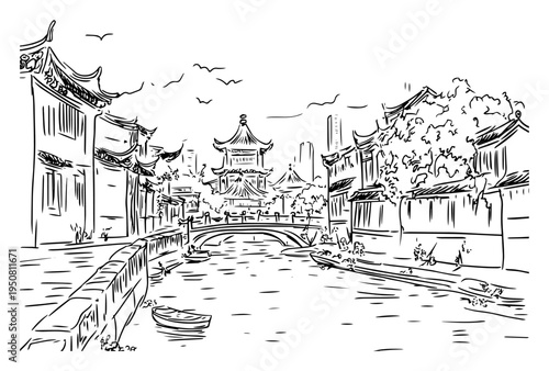 Traditional Asian water town canal with bridge and pagoda sketch, Chinese historic village landscape line art