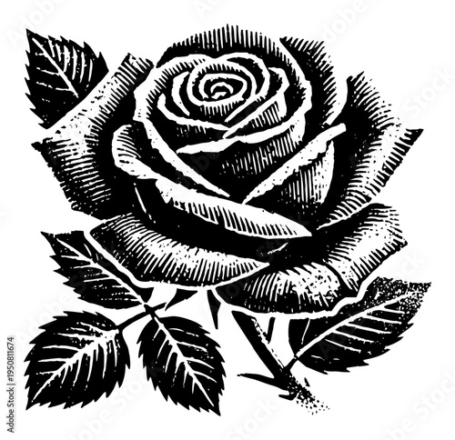 Rose flower blooming in woodcut style, vintage engraving floral illustration for tattoo or decoration
