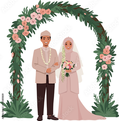 Muslim Wedding Couple Under Floral Arch Greenery Pink Flowers Peach Attire