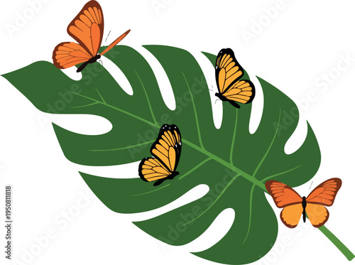 Monstera Leaf With Four Orange Butterflies Minimalist Isolated Vector Illustration