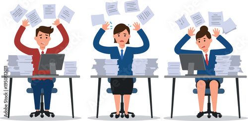 Overwhelmed Office Workers Stressful Workload With Flying Papers and Computers