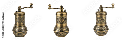 Set of traditional turkish brass coffee grinders and antique pepper mills with ornate patterns isolated on white transparent png background
