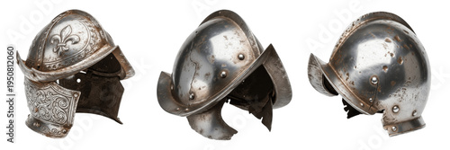 Obraz na płótnie Set of antique Spanish conquistador morion helmets with fleur-de-lis engravings