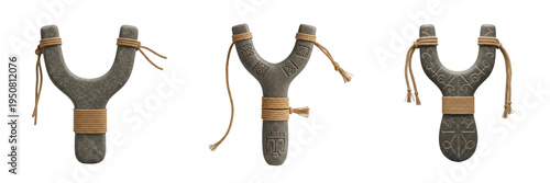 Tableau sur toile Set of primitive stone slingshots with leather straps and tribal textured grip i