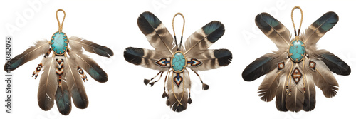 Obraz na plátně Set of Native American feather pendants with turquoise stones and tribal beadwor