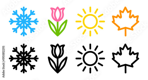 Four seasons icons. Symbols of winter, spring, summer and autumn with snowflake, flower, sun and fall leaf. Vector colorful and black contour design.