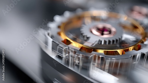 Metallic watch gear macro closeup with gold silver mechanical cogwheels modern industrial design futuristic technology detail engineering precision concept
