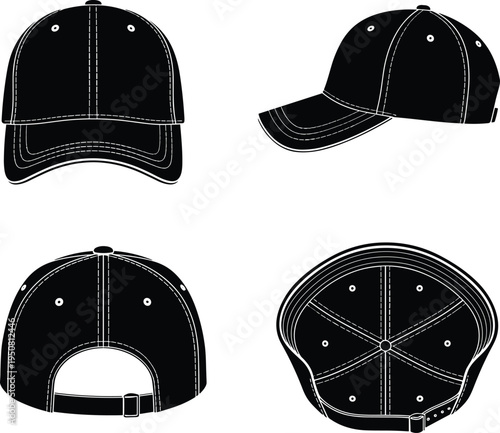 WebBaseball cap vector template, black silhouette technical sketches from front, back, side, and bottom views for fashion apparel design and branding.