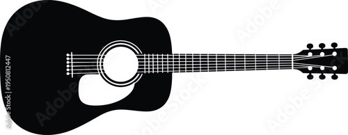 Acoustic guitar vector silhouette, musical instrument icon, folk and country music symbol, black stringed instrument illustration for concert posters, festivals.