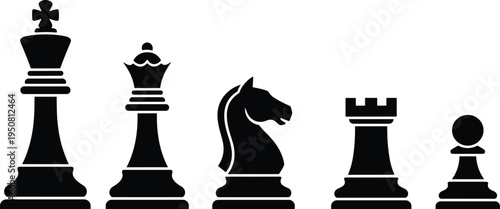 WebChess pieces black silhouette vector icons, set of king queen knight rook and pawn symbols for strategy gaming competition and success.