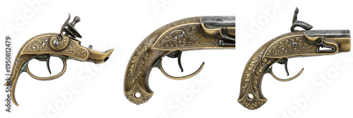 Tableau sur toile Set of antique brass flintlock pocket pistols and vintage ornate derringer handg