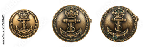 Set of vintage nautical brass buttons with royal navy anchor and crown emblem collection isolated on white transparent png background