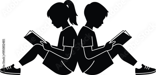 WebChildren reading books vector silhouette, boy and girl sitting back to back studying, education and literacy concept for school library.