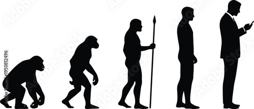 WebEvolution of man silhouette vector, from primitive ape and hunter to modern businessman with smartphone, human progress and technology concept.