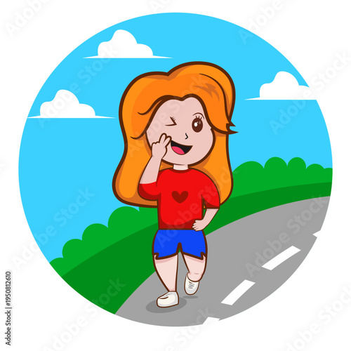 Cheerful cartoon woman doing winking and peace gesture while running on the road, vector eps 10