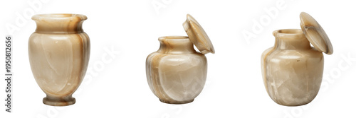 Photos Set of ancient marble jars and stone alabaster vases collection isolated on whit