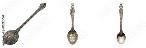 Canvastavla Set of antique tibetan silver spoons with turquoise and coral gemstone inlays is