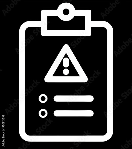 Warning Sign on Clipboard Icon isolated on black background.
