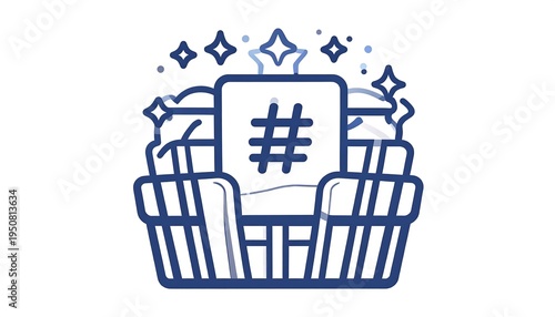 A cartoon drawing of a throne-like chair with a large hashtag symbol on it. It?s surrounded by stars and sparkles