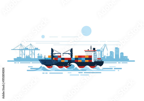 Container Ship Sailing Through Waves with City Skyline and Cranes in the Background